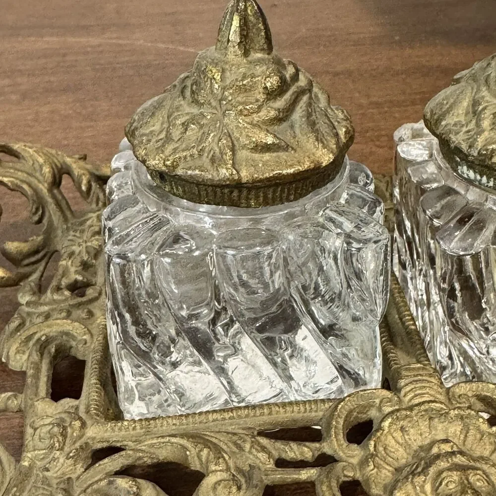 Antique Ornate Brass Double Inkwell Stand with Two Glass Ink Pots Victorian Era - Picture 4 of 11